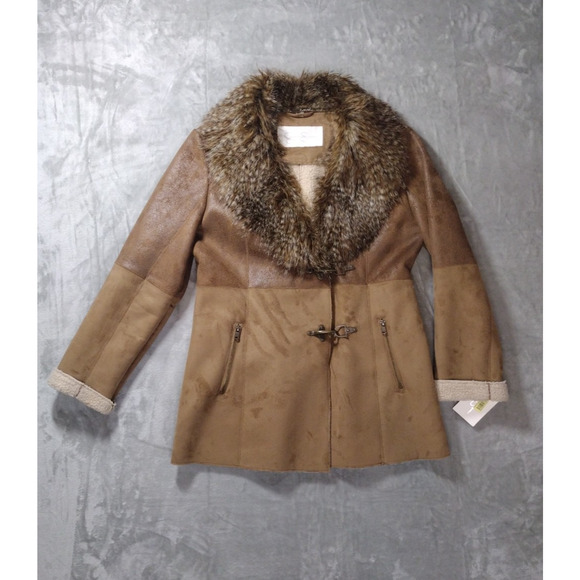 Jessica Simpson Jackets & Blazers - Jessica Simpson Sz L Faux Leather Fur Brown Coat Sherpa Lined Old Money Luxury